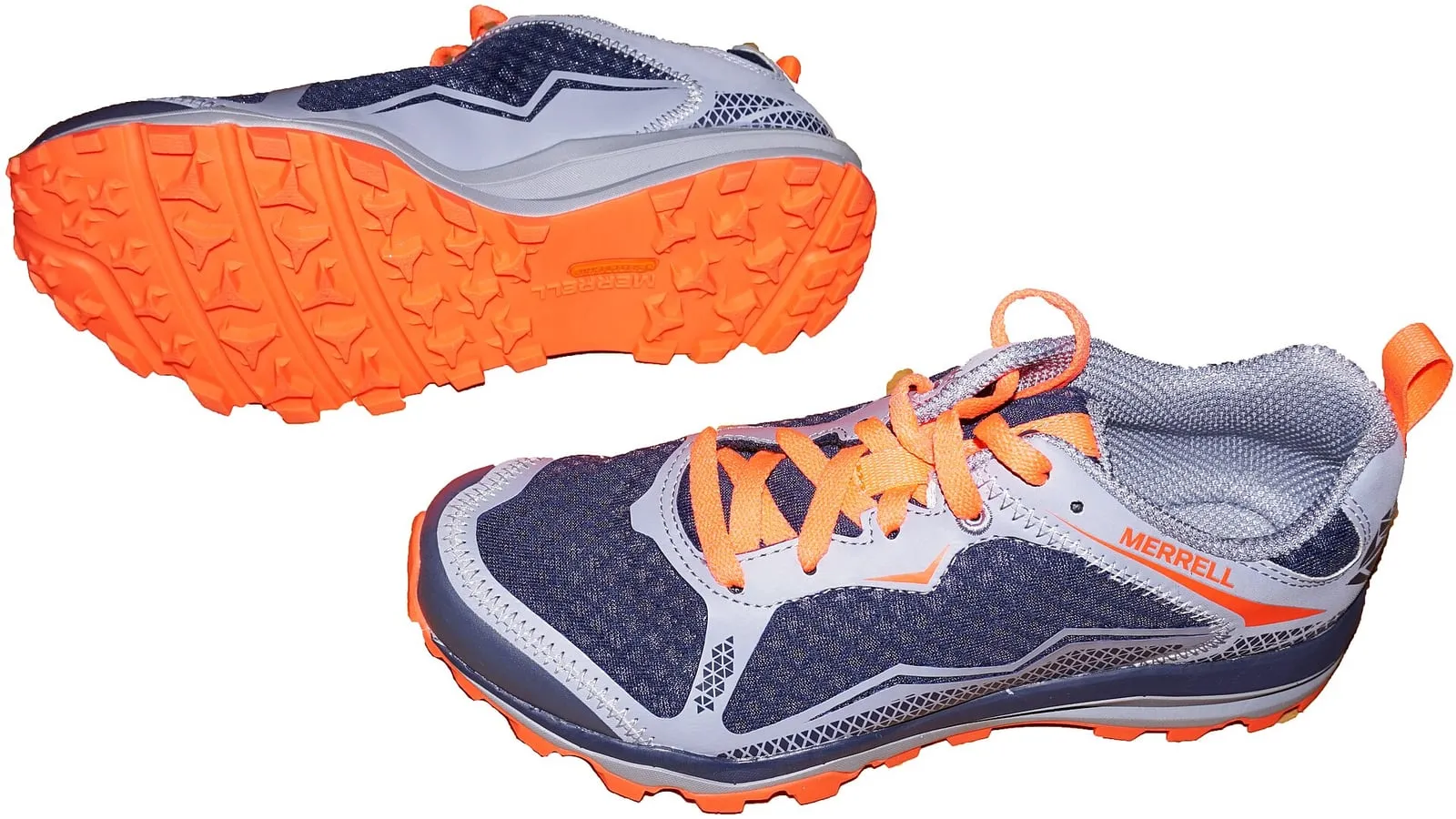 A trail running shoe with deep lugs on its outsole